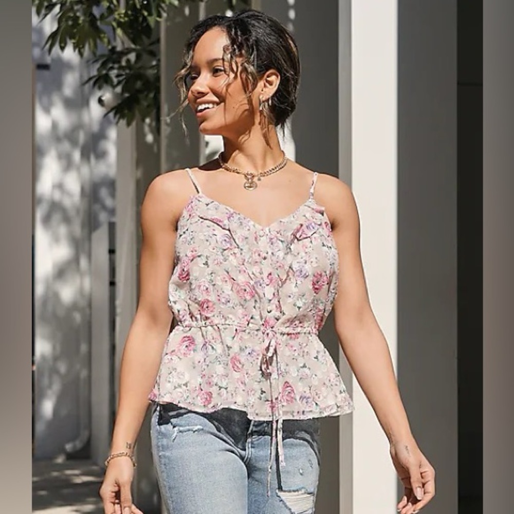 Express Floral Drawstring Tie Waist Ruffle Cami XS